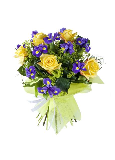 Geltonų rožių puokštė su irisais